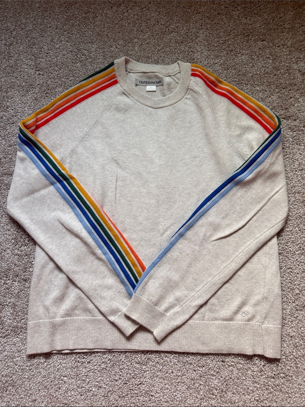Outerknown Cream Crewneck Sweater with Rainbow Stripe Detail size Small